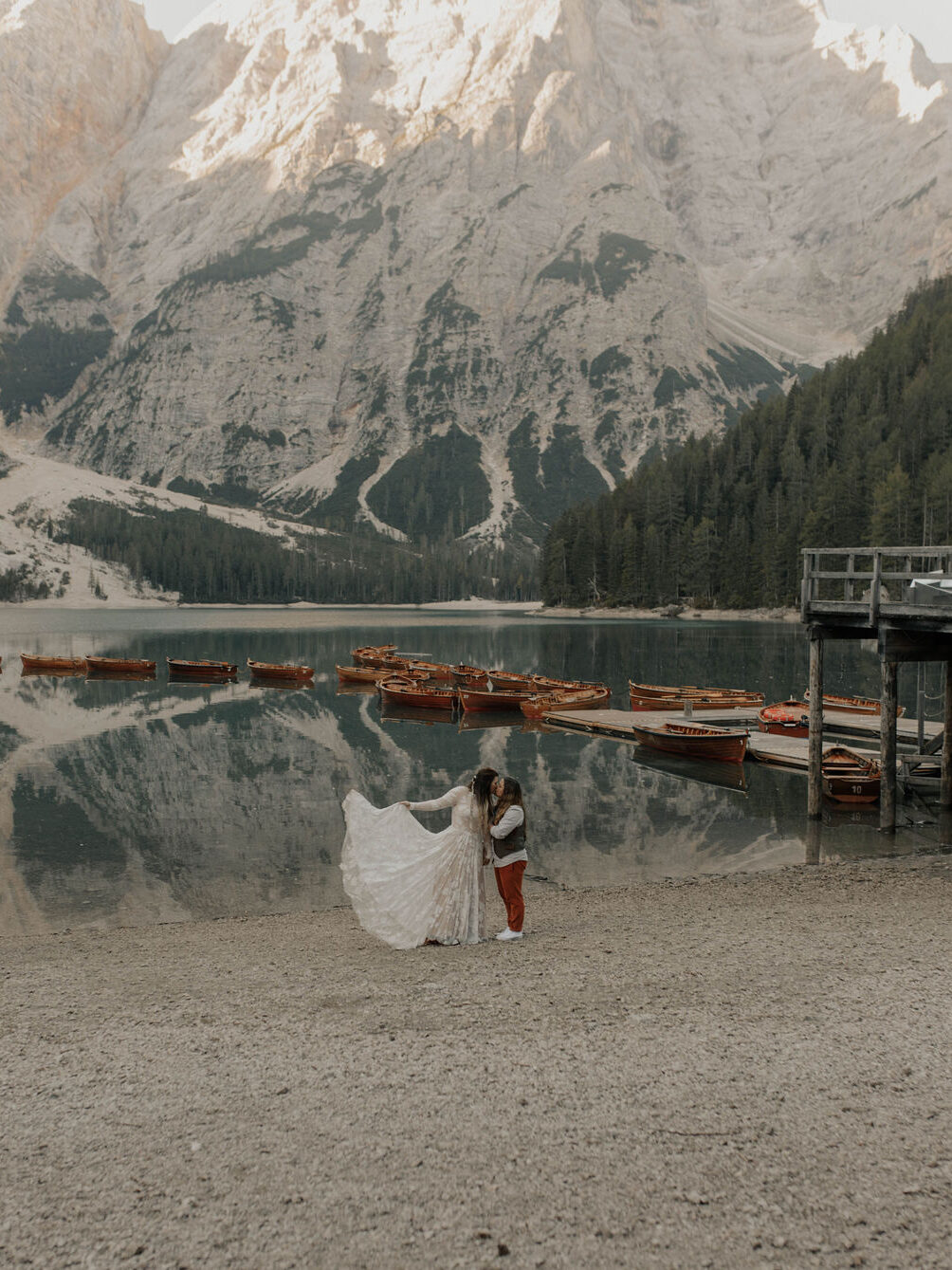 LGBTQIA+ elopement at Lake Lago Di Braiies in Italy. 