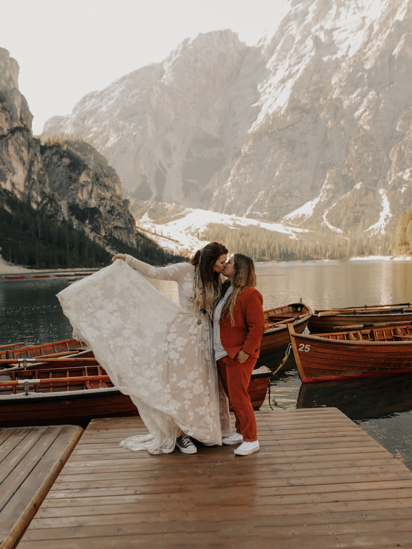 LGBTQIA+ elopement at Lake Lago Di Braiies in Italy. 