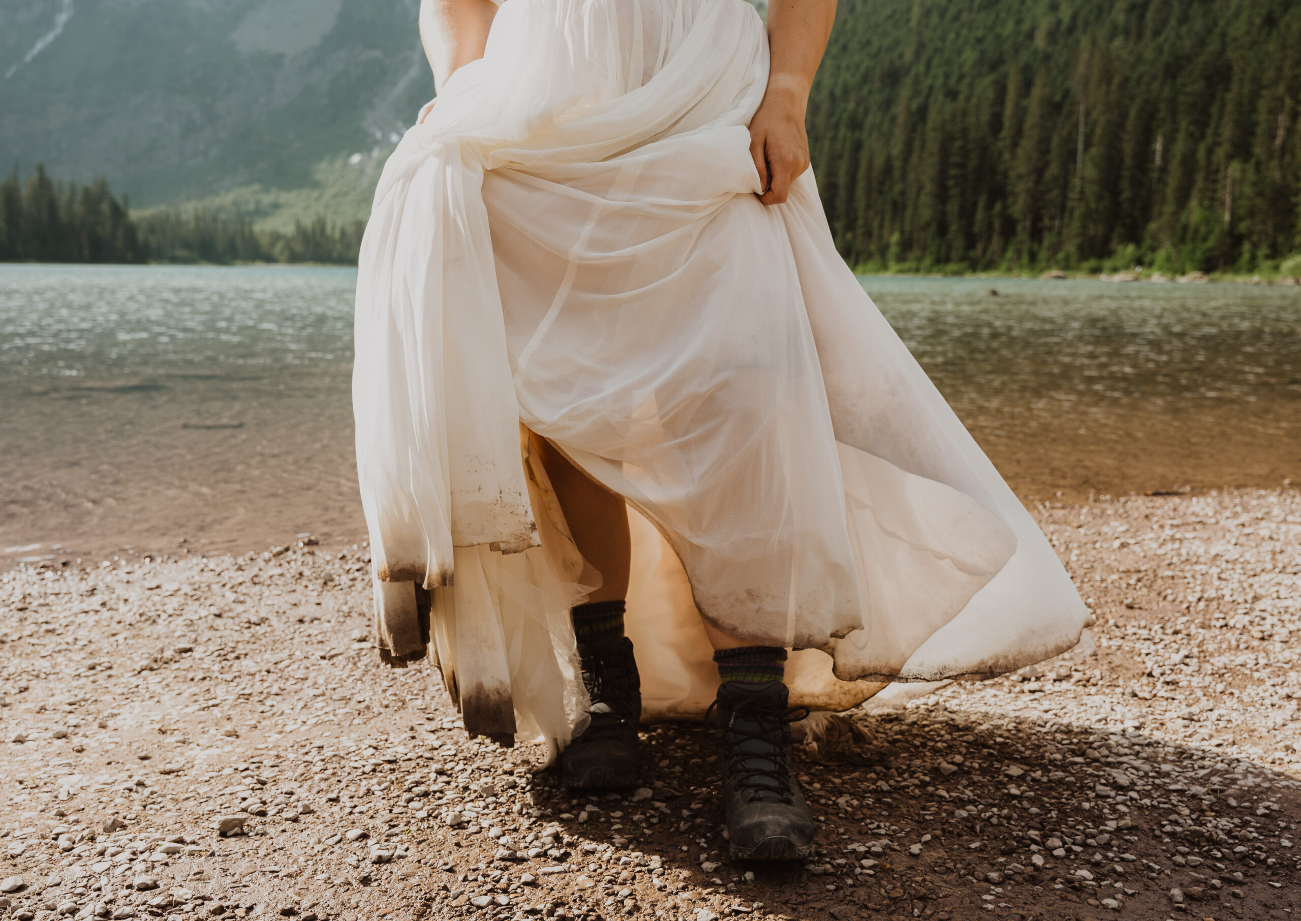 Wedding dress and hiking boots for elopement in glacier national park